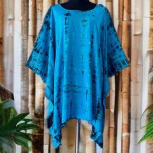Turquoise Blue Hand Tie Dyed Dolman Sleeve Cover Up Poncho Top (#28)